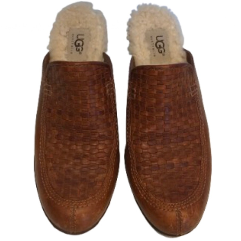 UGG AUSTRALIA WOVEN LEATHER HIGH HEEL MULES • FUR INSOLES • Sz 7.5